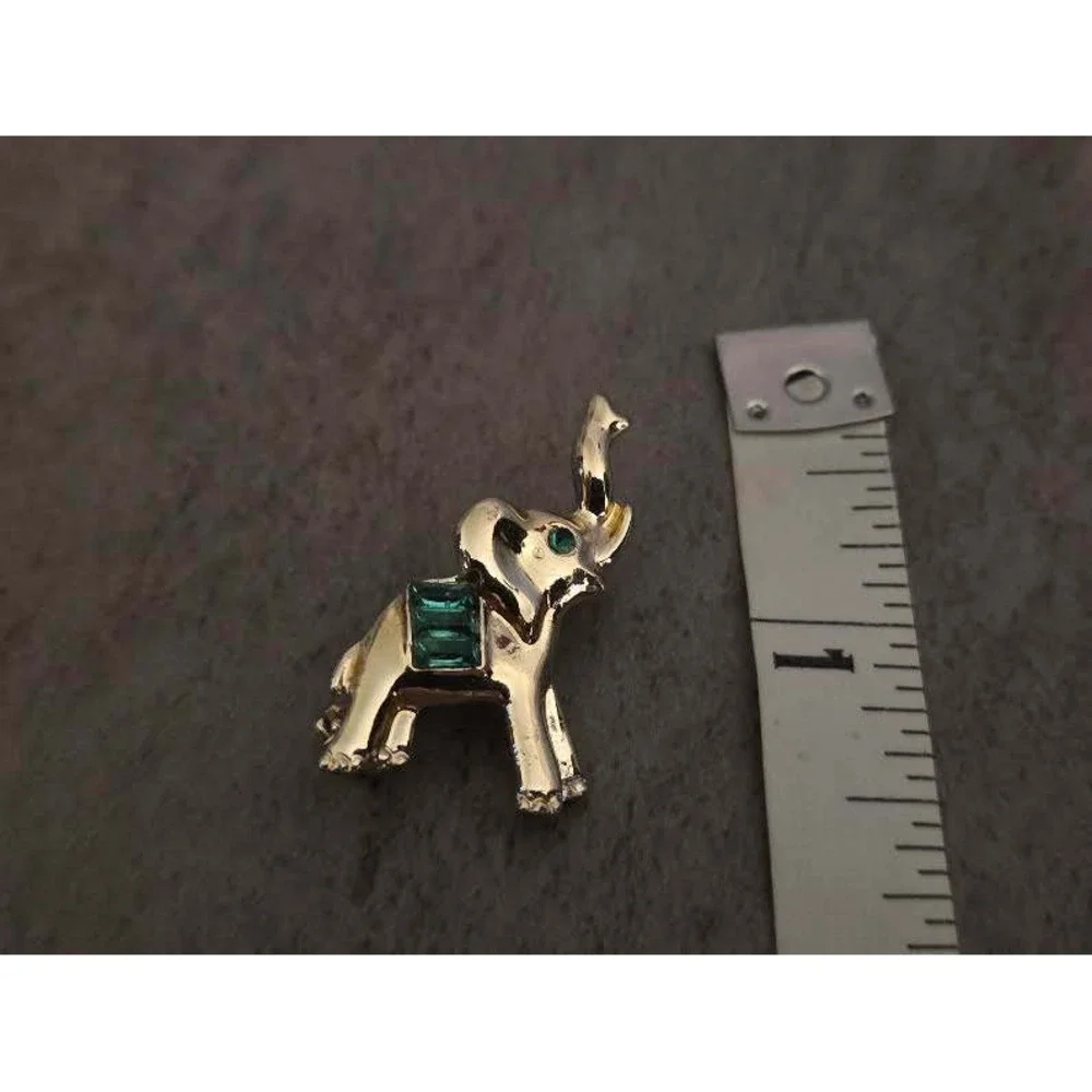 Vintage Gold Tone Elephant Brooch Green Crystal Accents Trunk Up Good Luck Pin